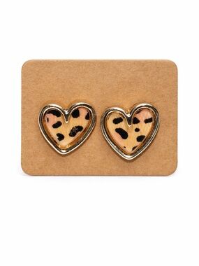 Leopard Print Heart Stud Earrings Gold Tone Animal Print Cute